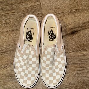Vans Beige and White Checkered Slip-On Sneakers